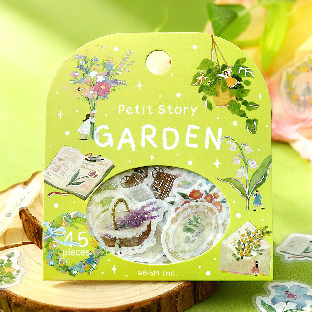 BGM Petit Story Gardening sticker package styled on a green botanical background