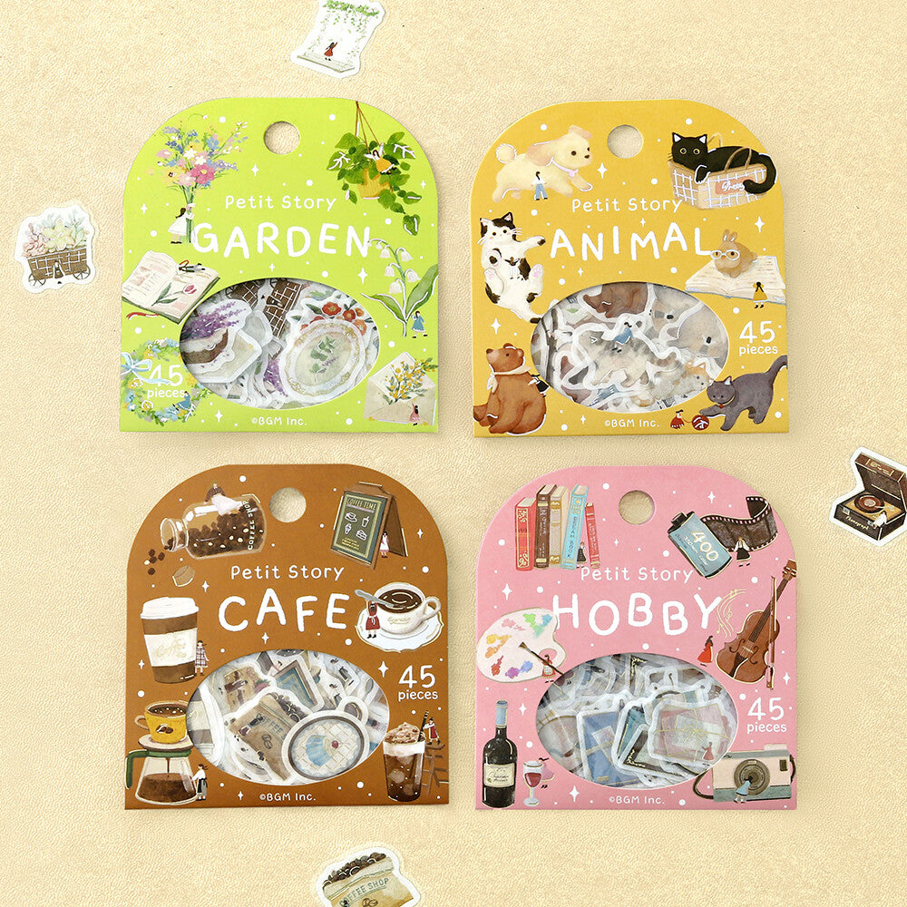 BGM Petit Story series collection showing Gardening, Animal, Cafe and Hobby flake sticker packs