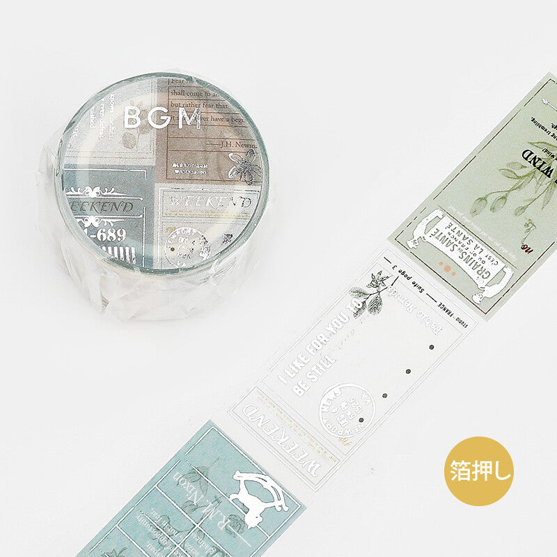 BGM Poem Botanical Washi Tape roll with botanical collage design and silver foil details