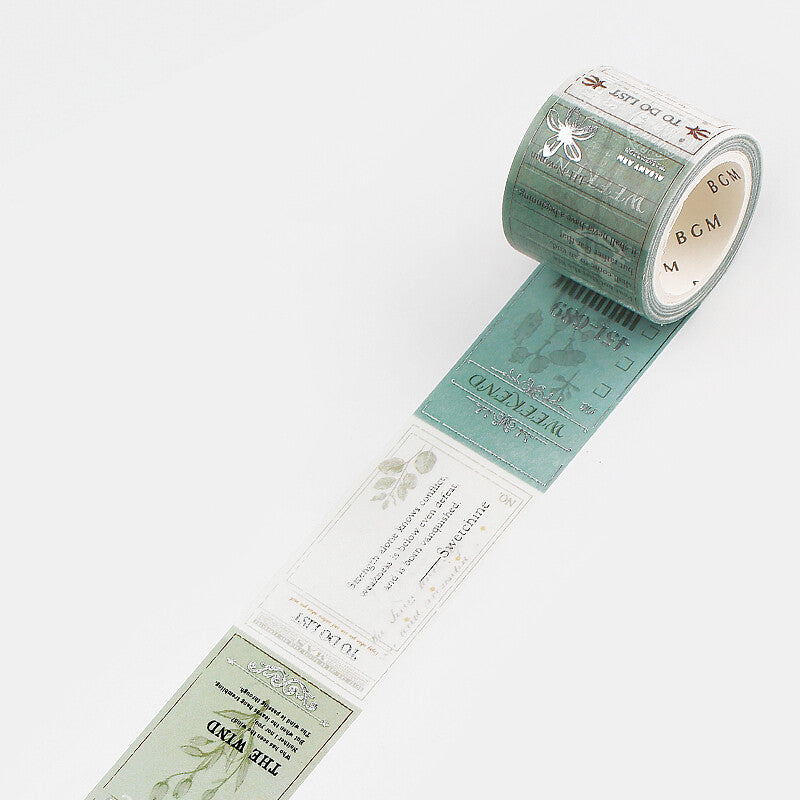 BGM Poem Botanical Washi Tape partially unrolled showing muted green botanical and vintage label motifs