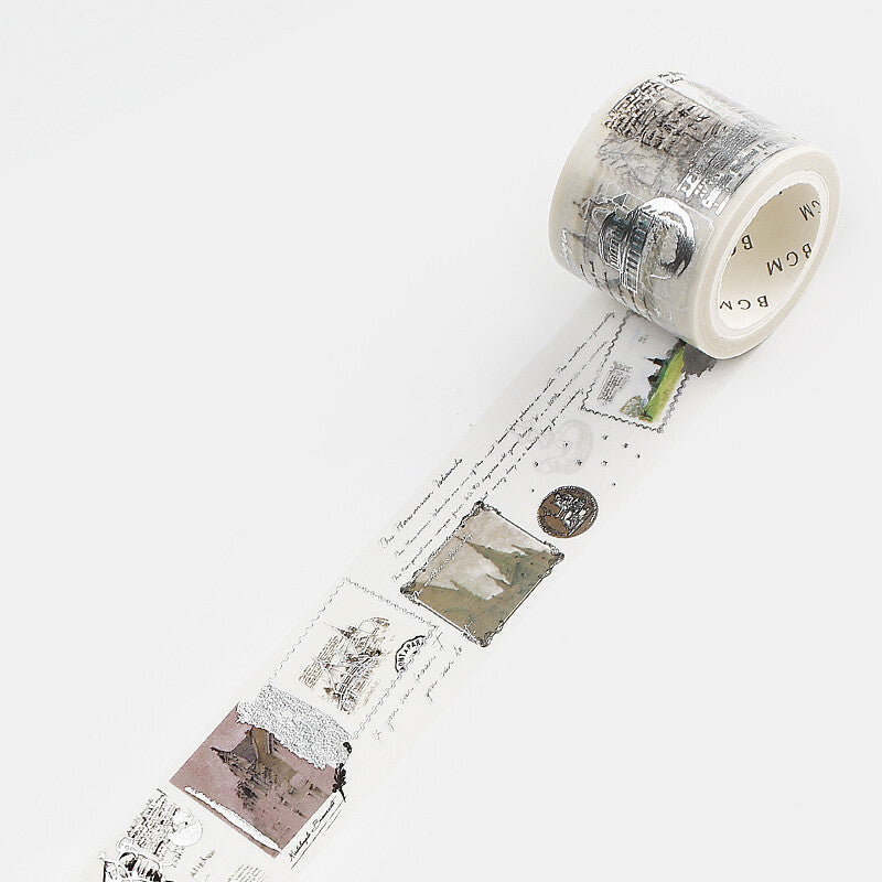 BGM Poem Letter Washi Tape partially unrolled showing vintage letters, stamps and architectural illustrations
