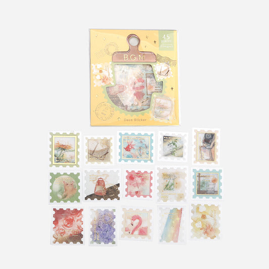 BGM Post Office Story foil-stamped flake stickers in yellow package with postage stamp-inspired designs
