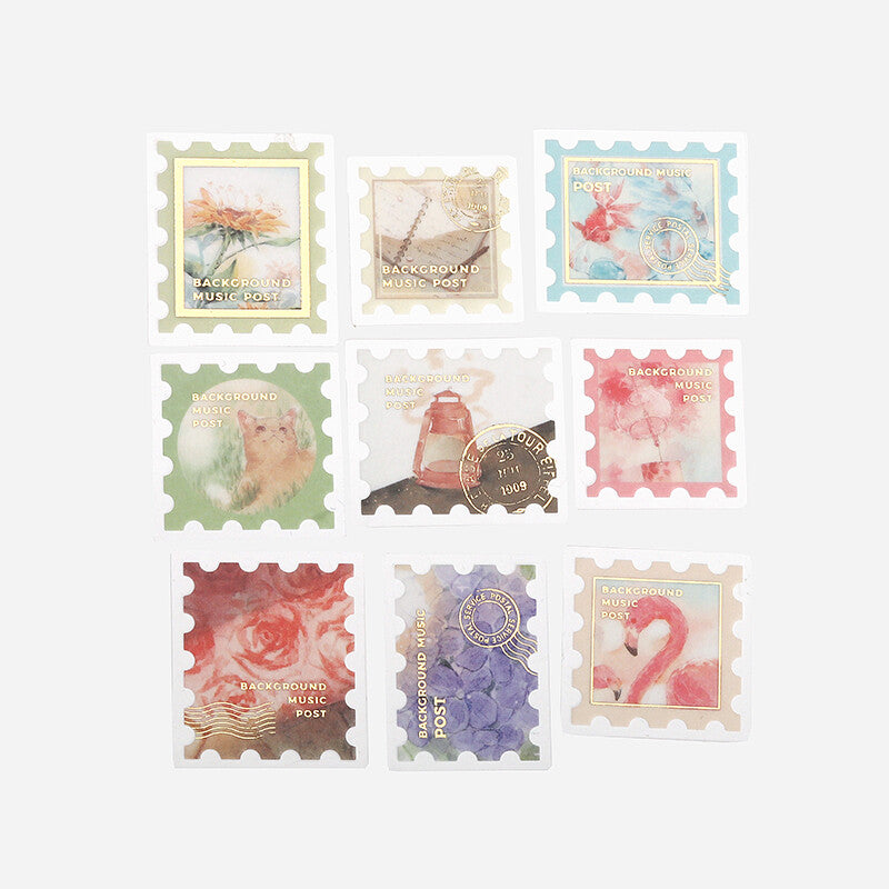 BGM Post Office Story flake sticker set showing postage stamp-inspired floral and travel designs
