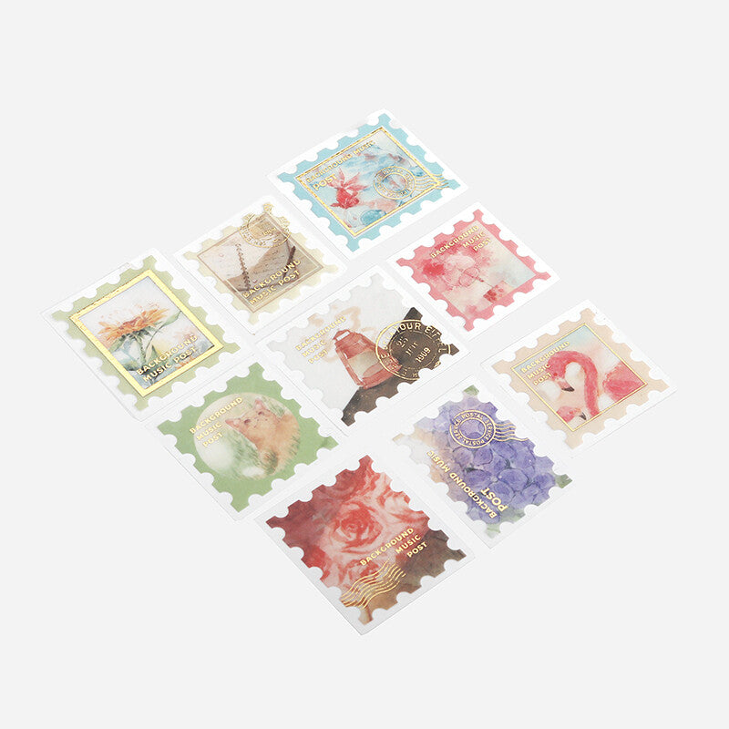 BGM Post Office Story foil-stamped flake stickers arranged to show individual stamp-shaped designs