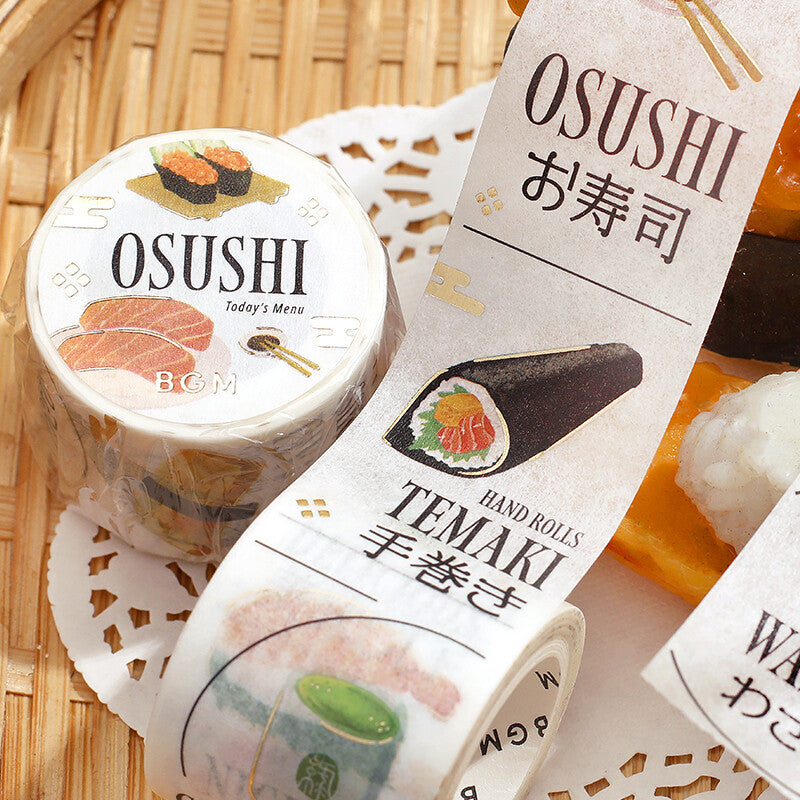 BGM Today’s Menu Sushi Restaurant Washi Tape unrolled showing temaki and sushi menu illustrations