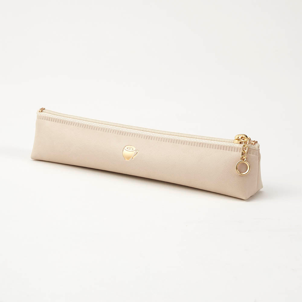 Daigo Tea Time Slim Pen Case in Café au Lait Beige, back view with gold cup detail