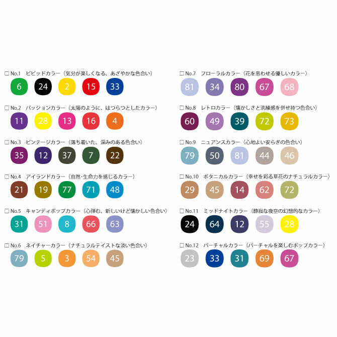 Uni EMOTT colour chart showing Retro No. 8, Nuance No. 9 and Botanical No. 10