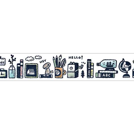 eric Bookshelf Masking Tape with books, stationery, camera, globe and everyday desk objects