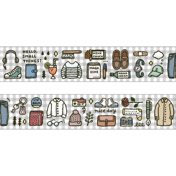 eric Days Masking Tape with clothing, stationery and everyday object illustrations on a grey gingham background