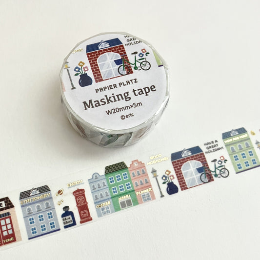 eric Favorite Place Gold Foil Masking Tape with colourful townhouses, bicycle and gold foil details