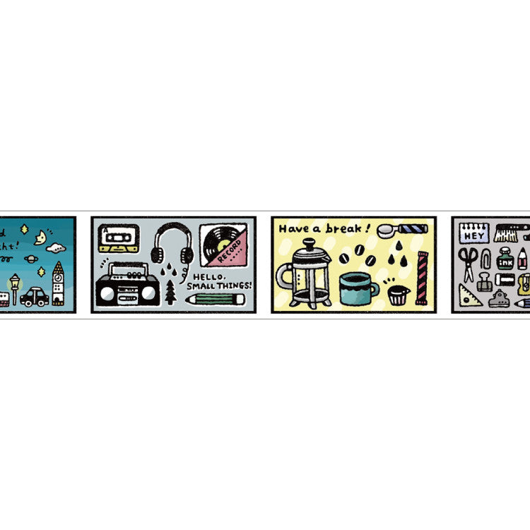 eric Illustrated Masking Tape with framed travel, music, coffee and stationery scenes