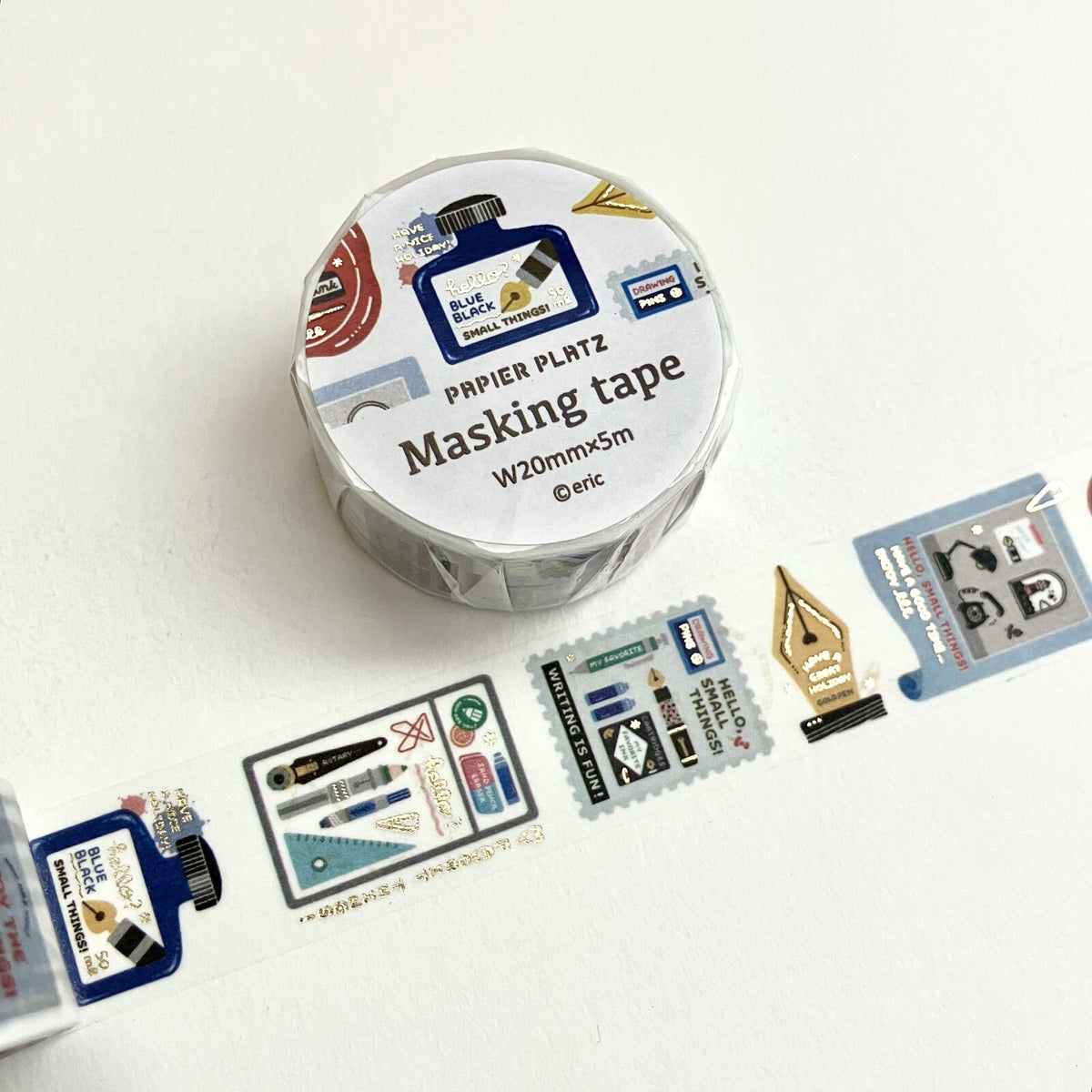 eric Writing Utensils Gold Foil Masking Tape with stationery illustrations and gold foil accents