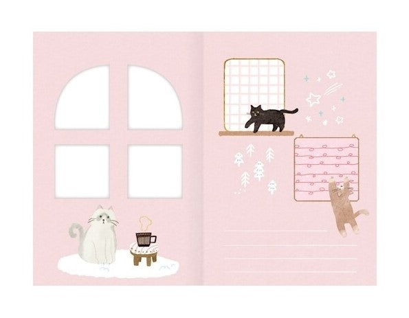 Furukawa Shiko Glitter Gift Window Message Card opened to reveal cat illustrations and message area