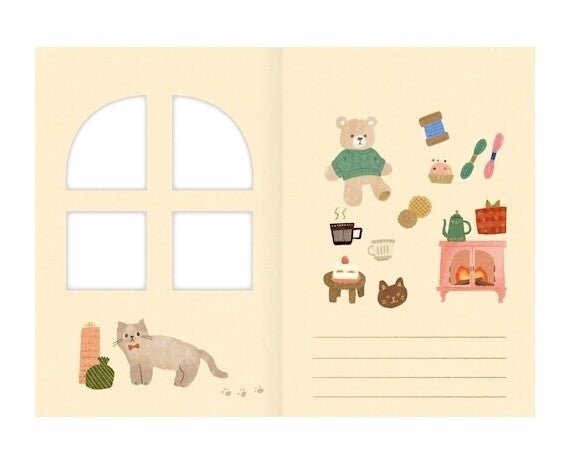 Furukawa Shiko Stuffed Bear Window Message Card opened to reveal bear, cat, gifts and cosy illustrated details