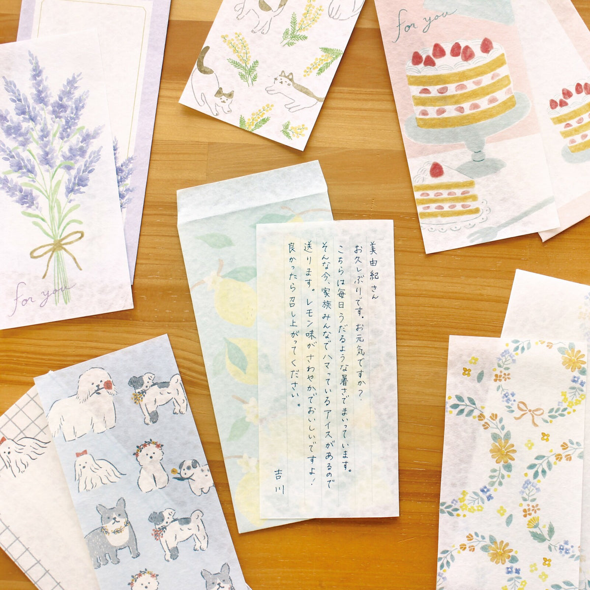 Furukawa Shiko Today’s Letter letter sets displayed together with handwritten notes