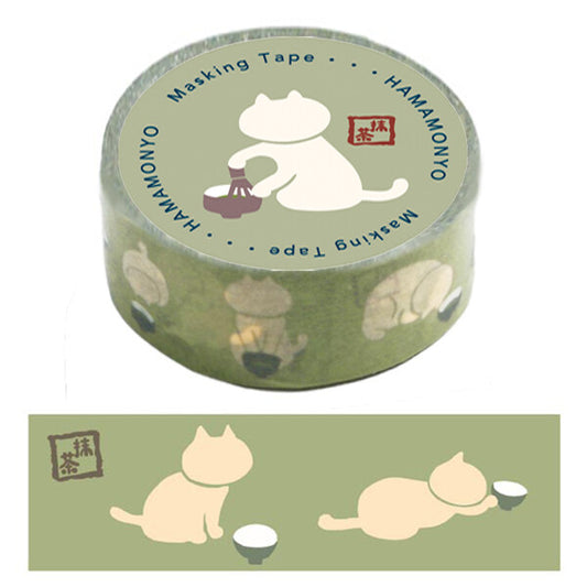 HAMAMONYO Matcha Cat washi tape package and design sample with cat enjoying matcha