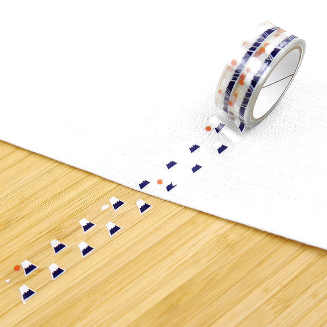 HAMAMONYO Mount Fuji and Clouds clear tape rolls with unrolled transparent Mount Fuji, cloud and red sun motifs