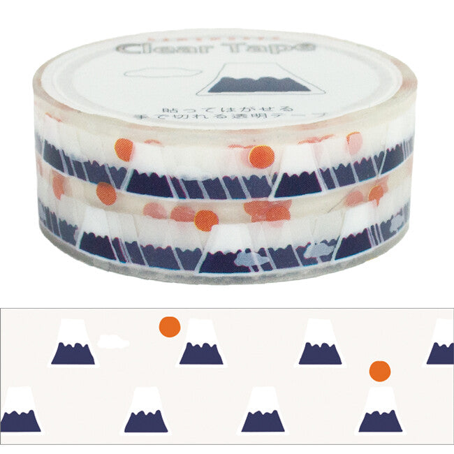 HAMAMONYO Mount Fuji and Clouds clear tape package and design sample with blue Mount Fuji, white clouds and red sun accents