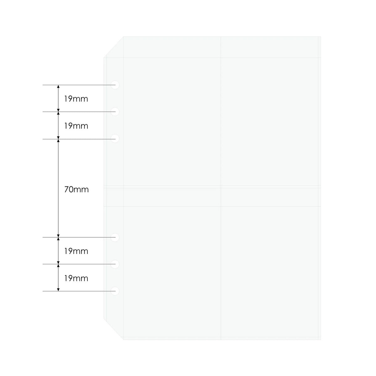 KING JIM Otona Sticker Collection Card Type Refill six-hole pocket layout and spacing diagram