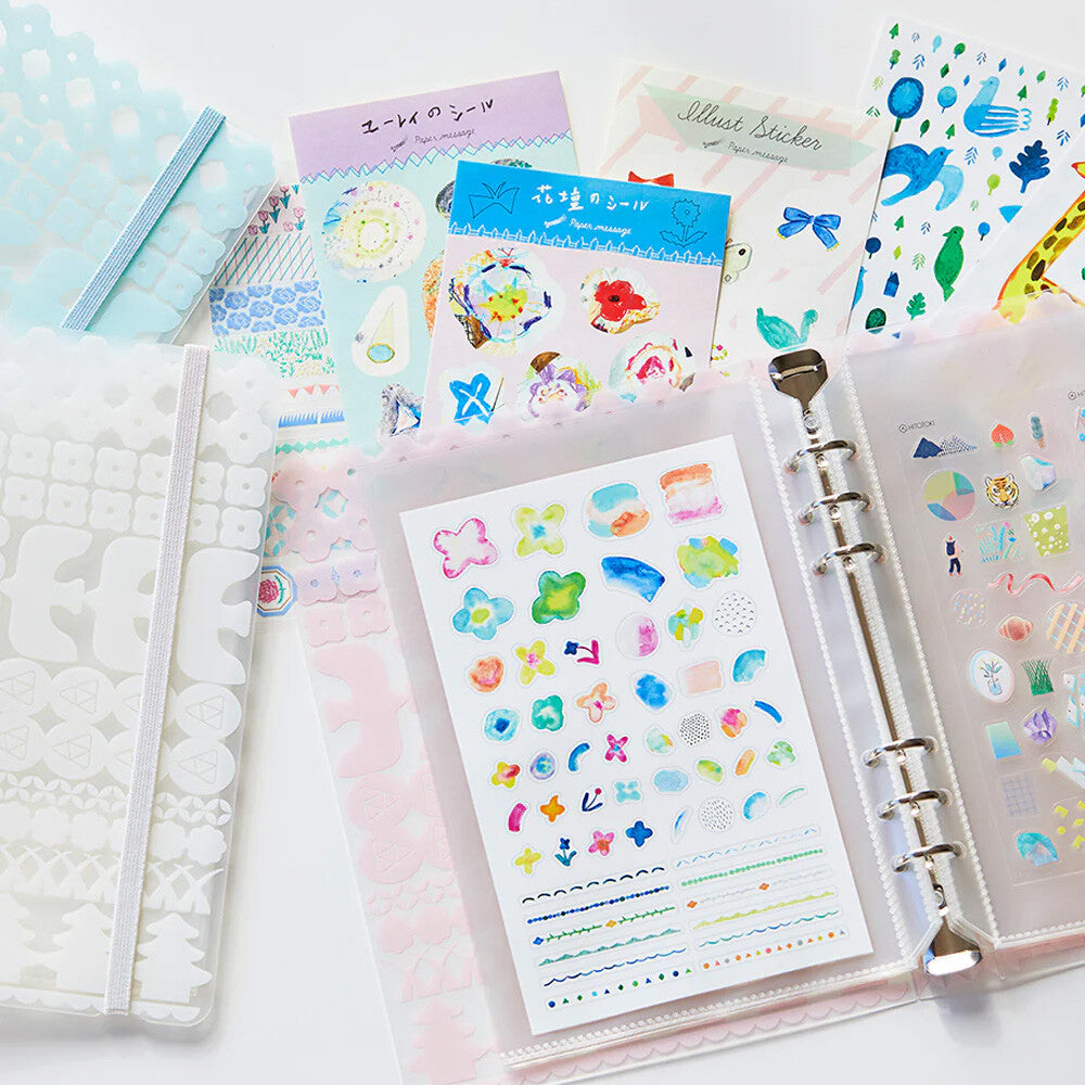KING JIM Otona Sticker Collection Binder open with sticker sheets stored inside