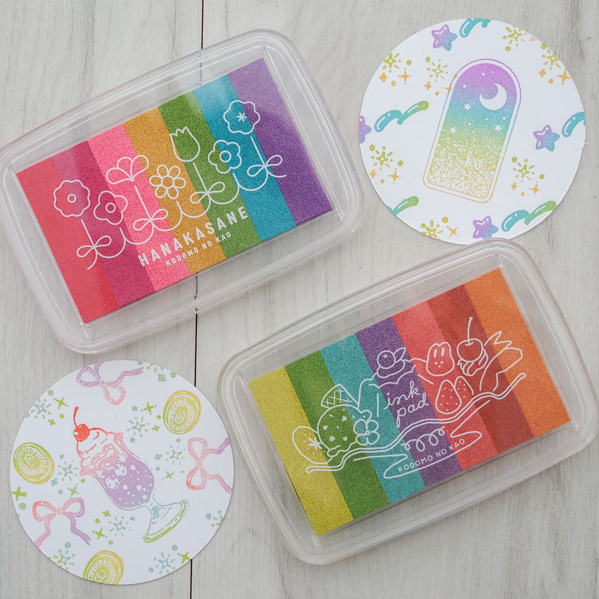 Kodomo No Kao Hanakasane gradation ink pad and colourful stamped examples