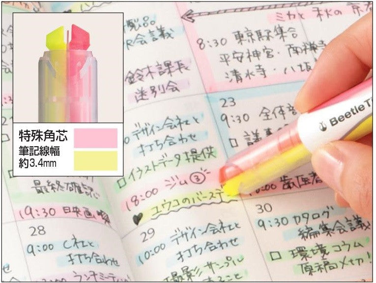 Kokuyo Beetle Tip Dual Color Highlighter – split Beetle Tip in use