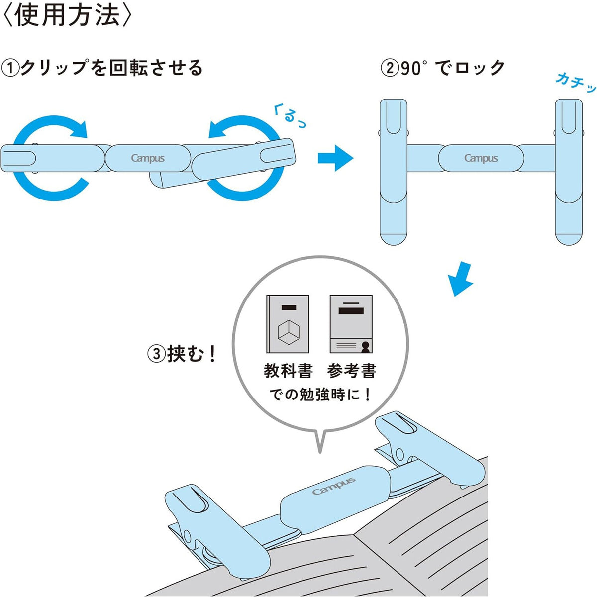 Kokuyo Campus Compact Portable Book Clip usage diagram showing rotate, lock and clip steps