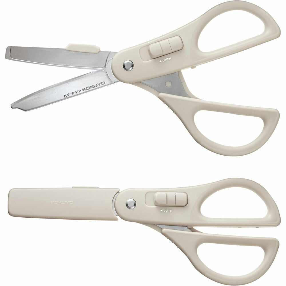 KOKUYO Hakoake 2-Way Scissors Light Gray open and closed