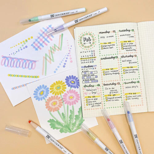 Kuretake ZIG Clean Color Dot Single Mild Colours used in a planner and floral artwork
