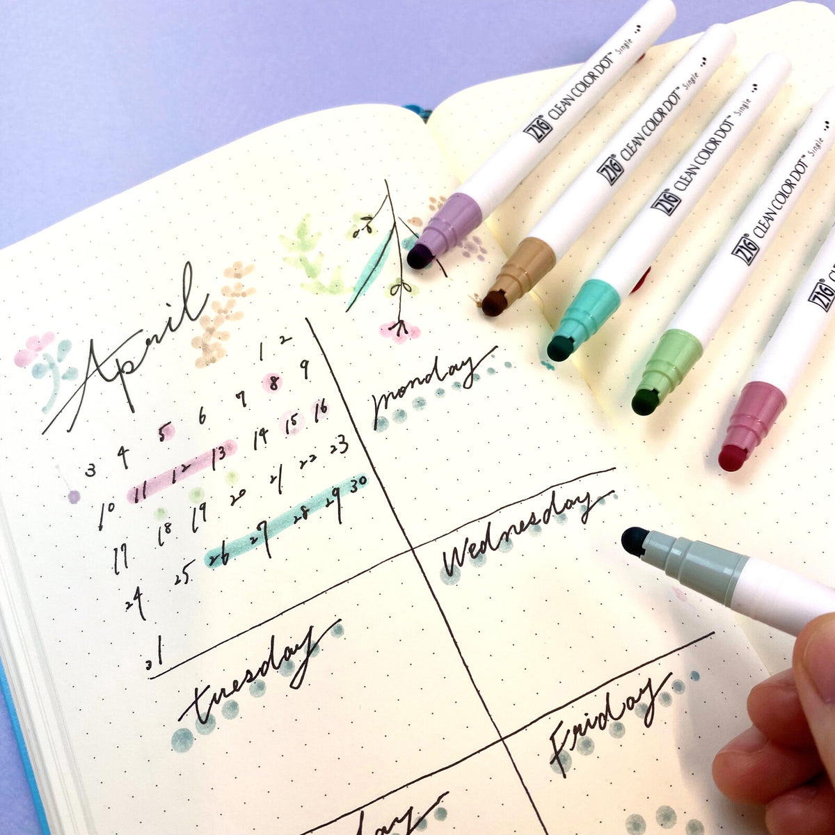 Kuretake ZIG Clean Color Dot Single Mild Smoky Colours used in a planner