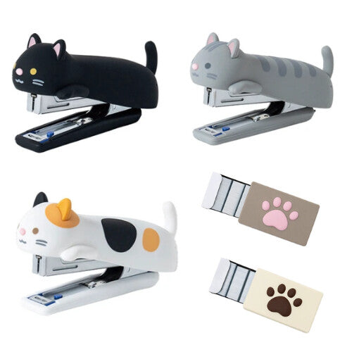 MAX Silicone Stapler Vol. 5 Cat showing Black Cat, Gray Cat and Calico Cat designs with paw-print staple removers