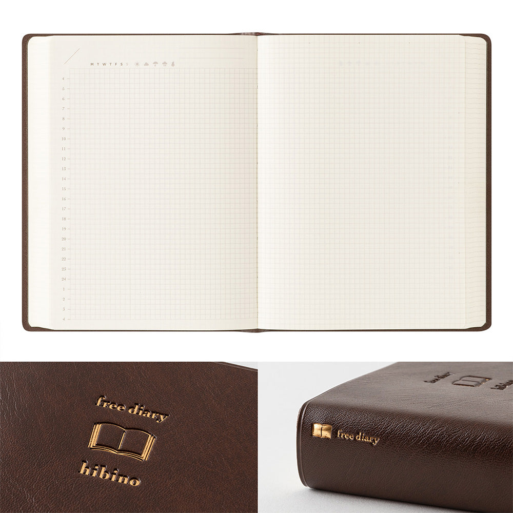 MIDORI Hibino Free Diary A6 Brown open two-page layout and embossed cover details