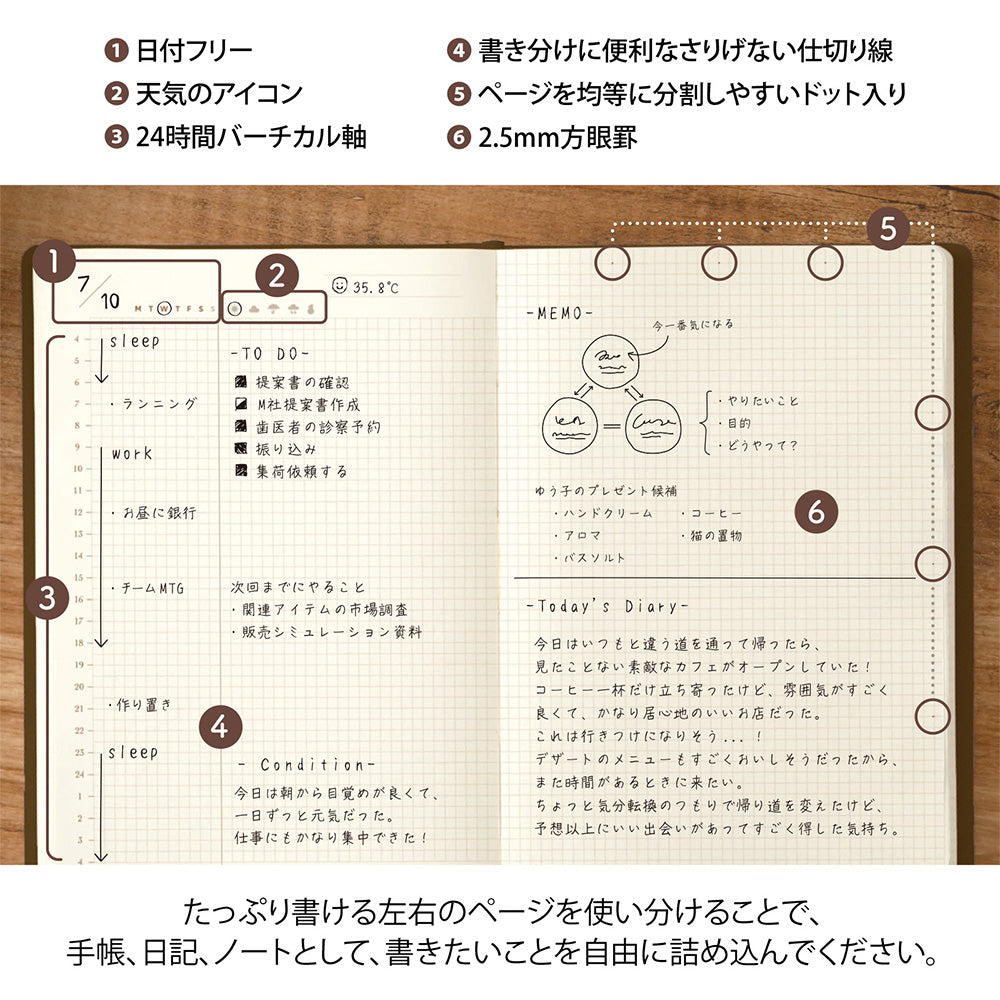 Midori Hibino Free Diary A6 page layout features and 2.5mm grid