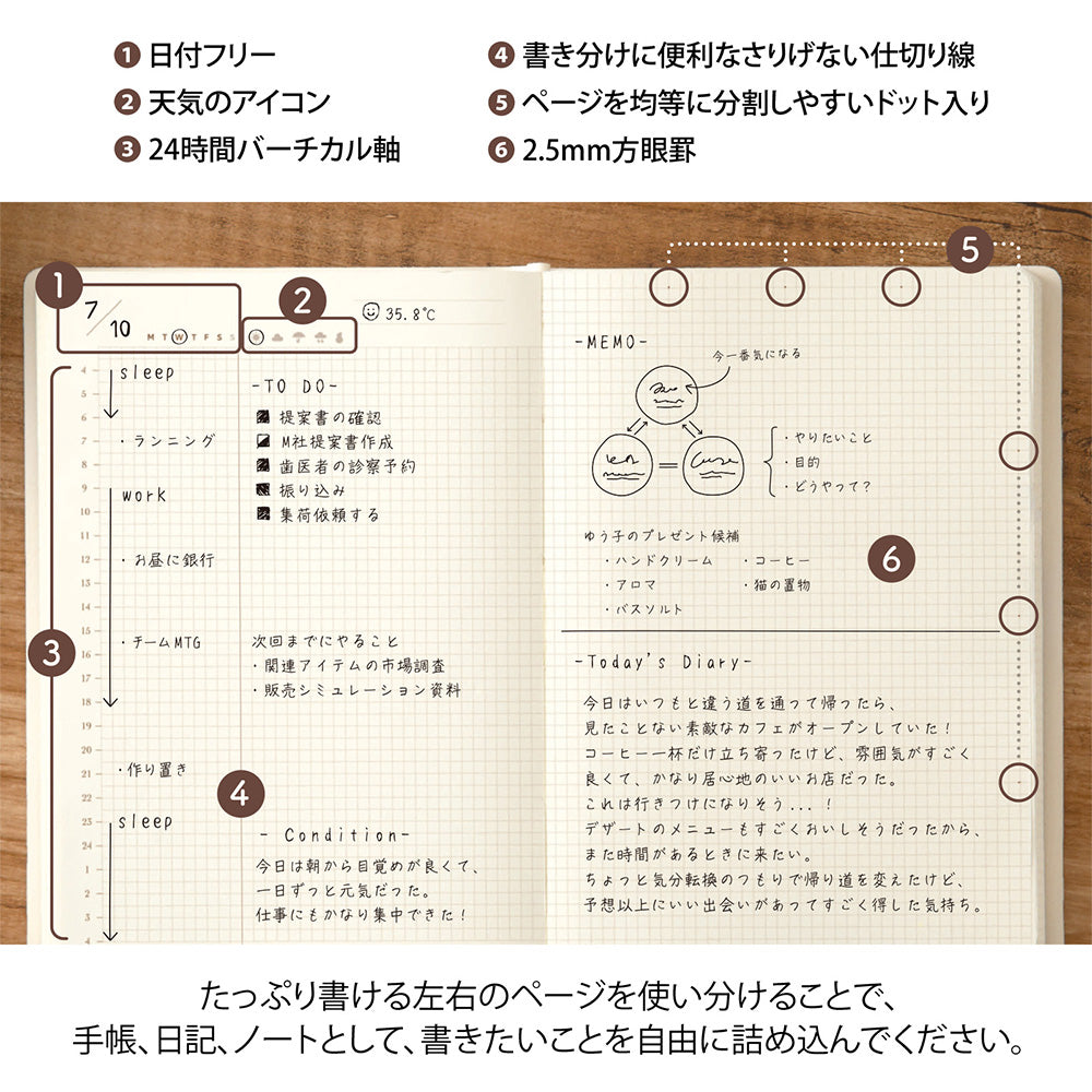 MIDORI Hibino Free Diary A6 Ivory numbered page layout features and 2.5 mm grid