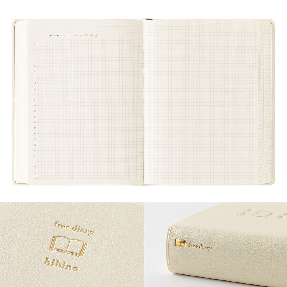 MIDORI Hibino Free Diary A6 Ivory open two-page spread and embossed cover details