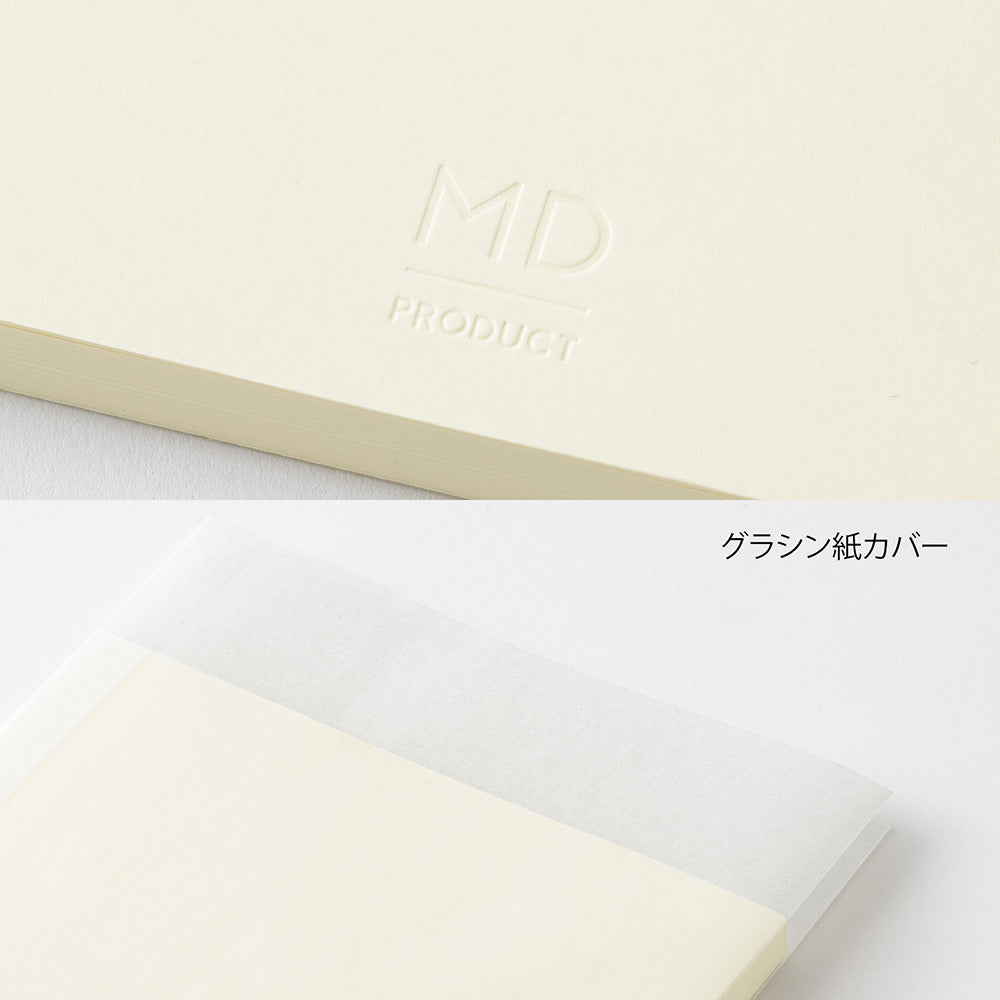 Midori MD Notebook embossed logo and protective glassine wrap detail