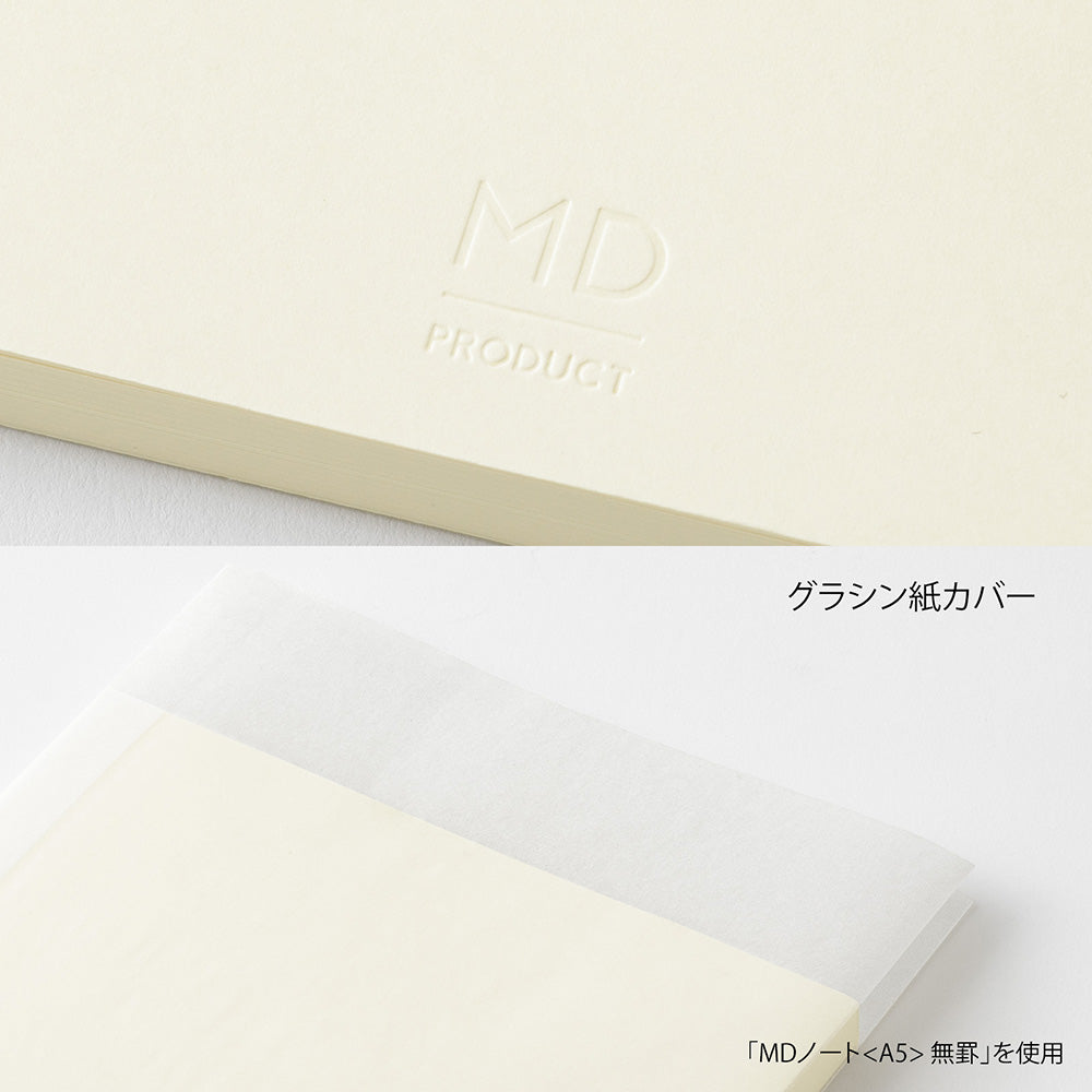 Midori MD Notebook embossed logo and protective glassine wrap detail