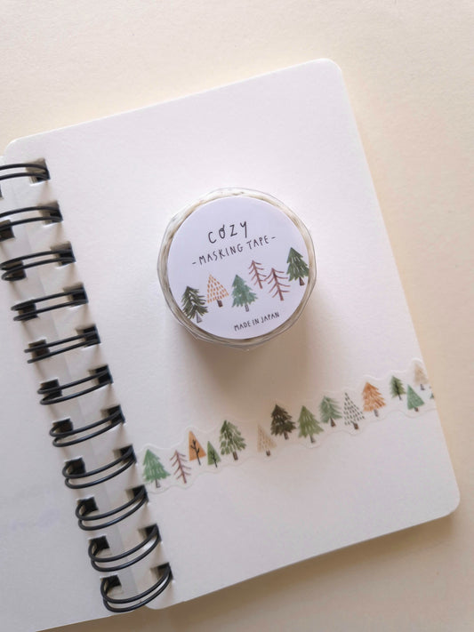 Mind Wave COZY Die-Cut Masking Tape – Forest shown on a notebook with tree border and product label
