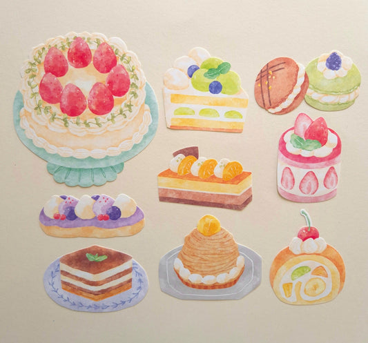 Mind Wave Grand Jour Cake flake stickers arranged to show the 9 large cake and dessert designs