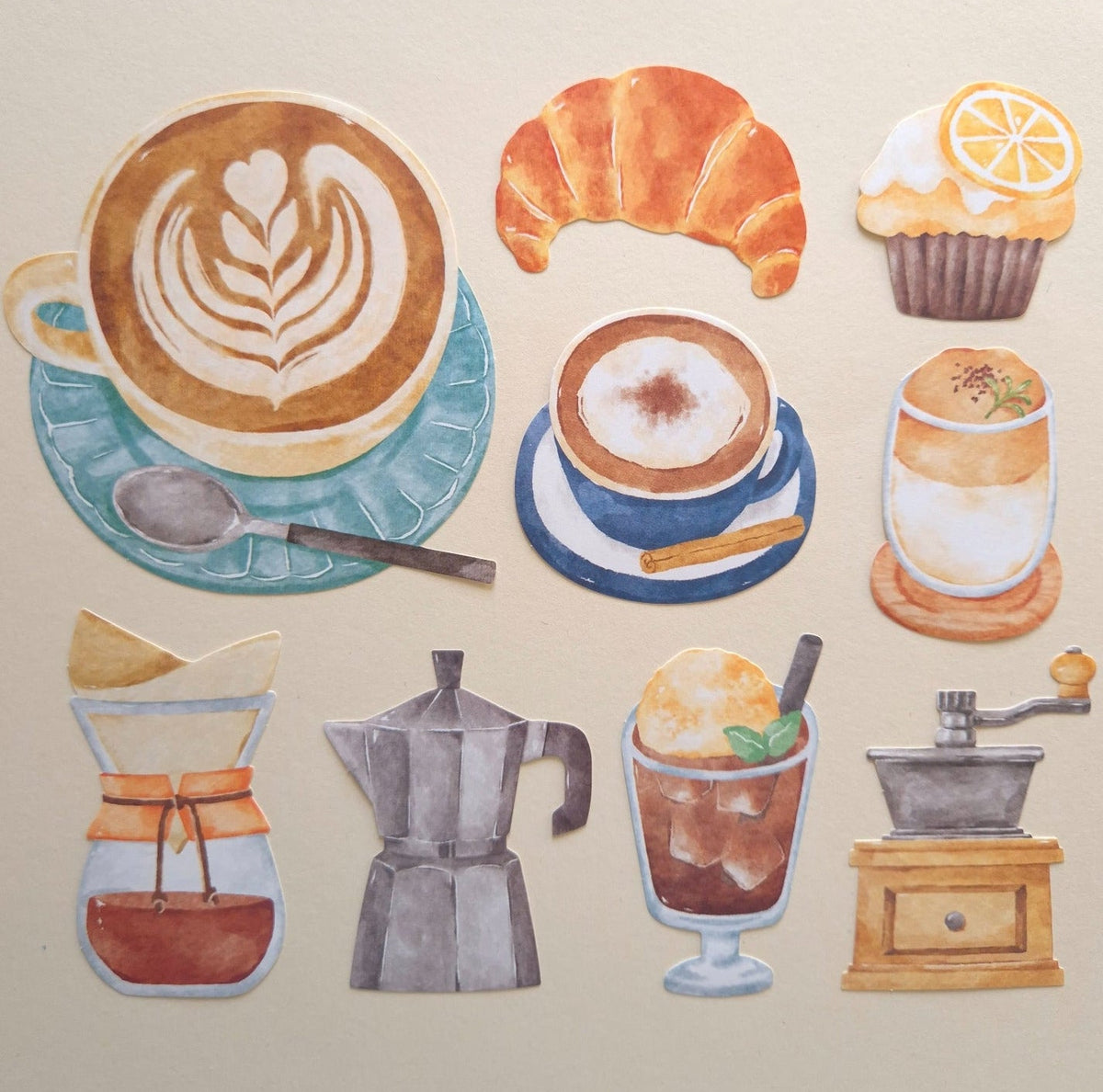 Mind Wave Grand Jour Coffee flake stickers arranged to show the 9 large coffee and cafe designs