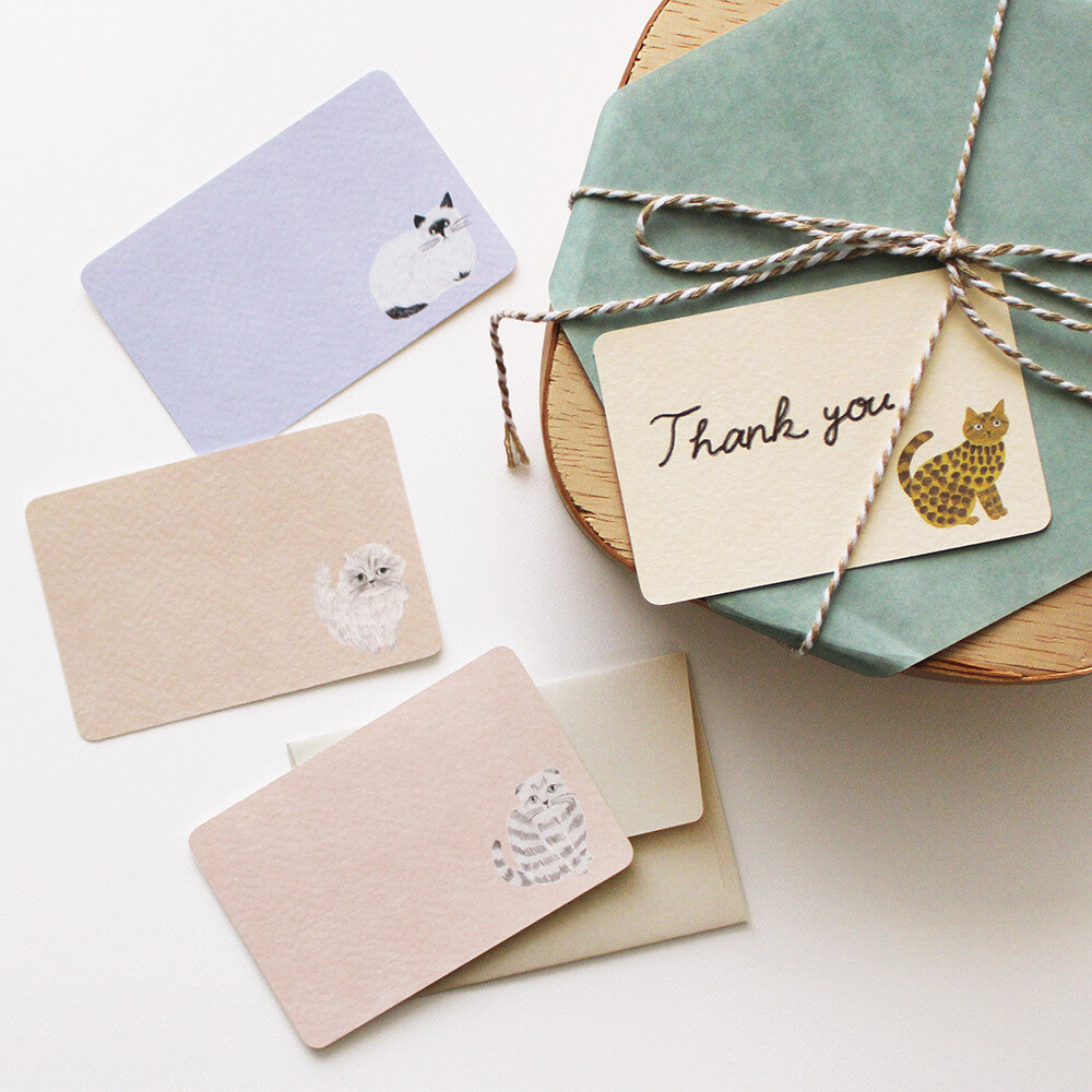 Miyuki Matsuo cat mini cards styled with gifts and envelopes