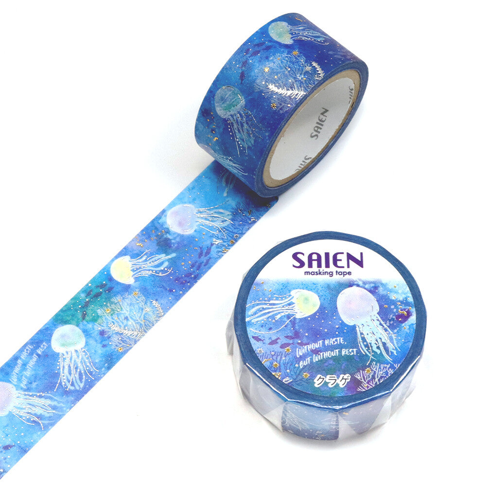 SAIEN Marine Life Jellyfish foil washi tape roll with unrolled deep blue jellyfish design and gold and silver foil details