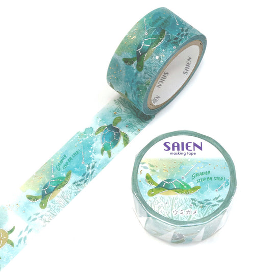 SAIEN Marine Life Sea Turtle foil washi tape roll with unrolled ocean design showing sea turtles and gold and silver foil details