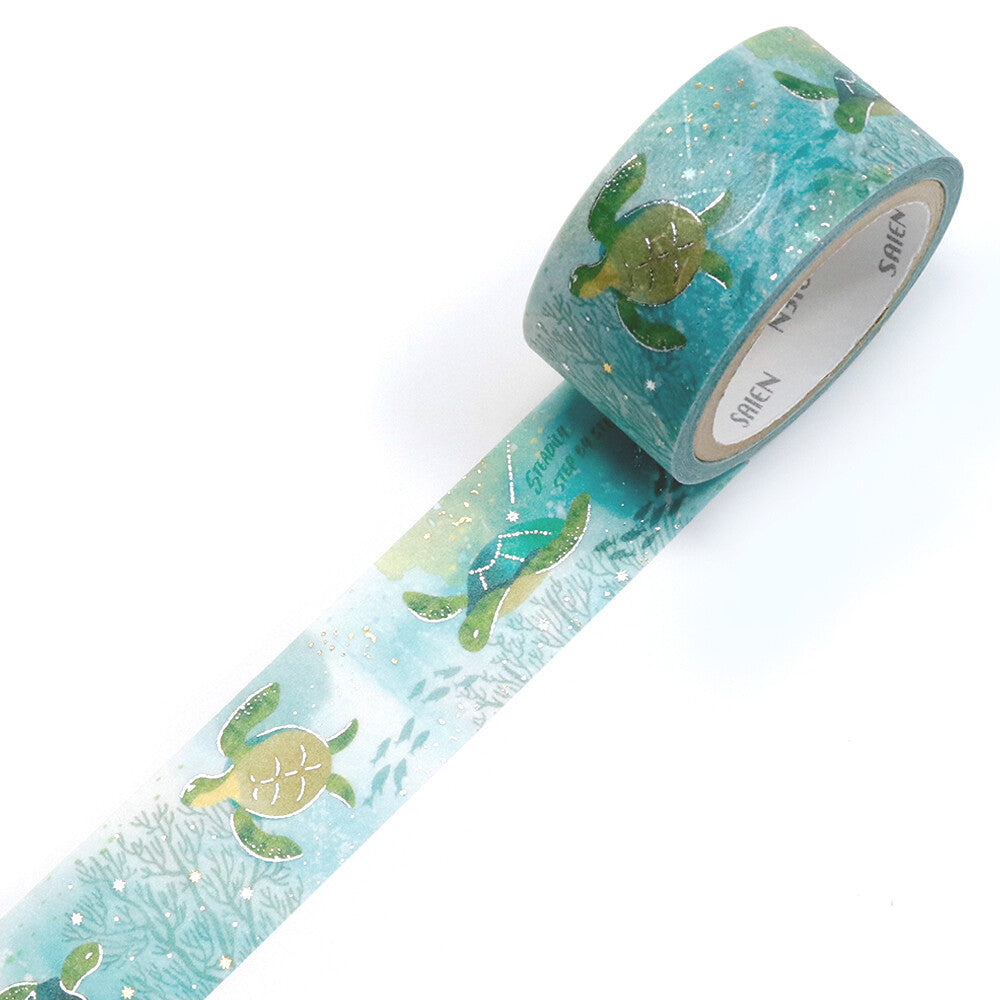 SAIEN Marine Life Sea Turtle foil washi tape unrolled to show translucent watercolour sea turtle artwork and foil accents