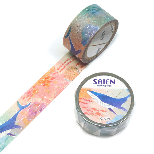 SAIEN Marine Life Whale foil washi tape roll with unrolled watercolour whale design and gold and silver foil details