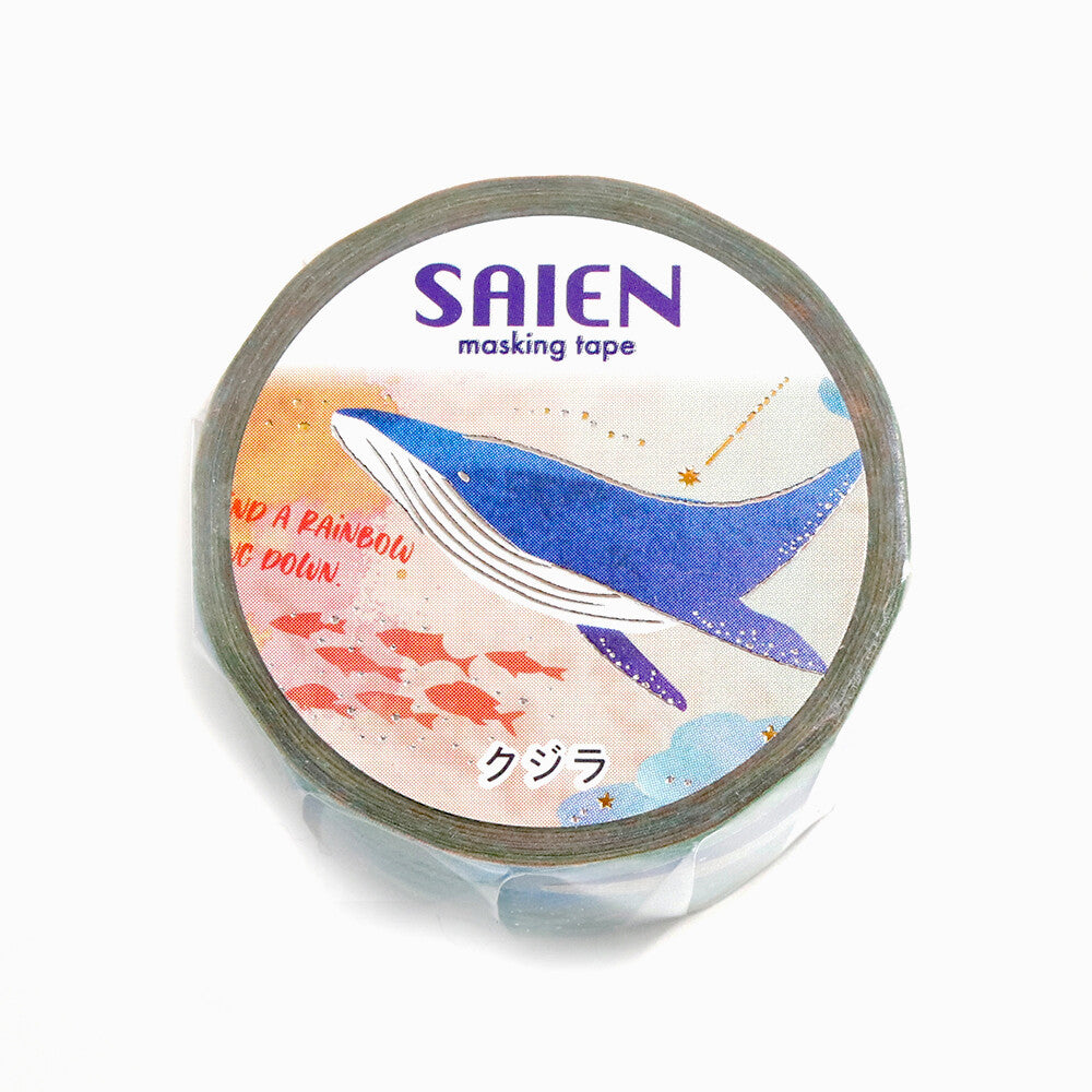 SAIEN Marine Life Whale foil washi tape package label featuring a blue whale illustration