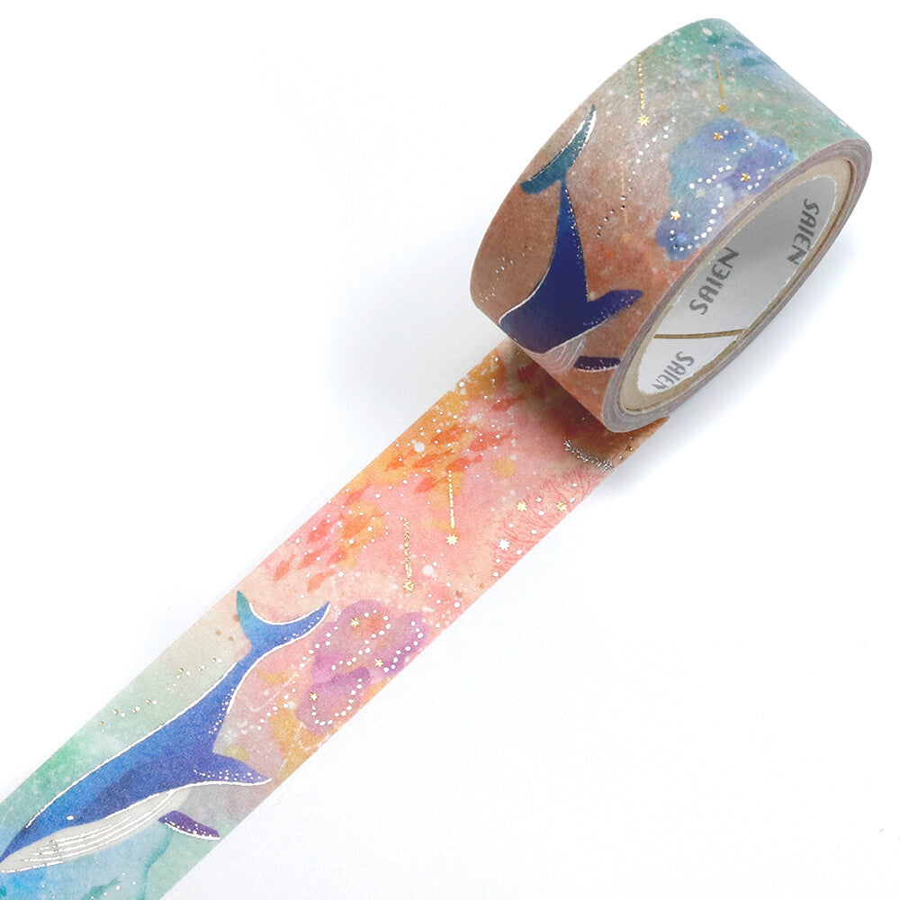 SAIEN Marine Life Whale foil washi tape unrolled to show translucent watercolour whale artwork and foil accents