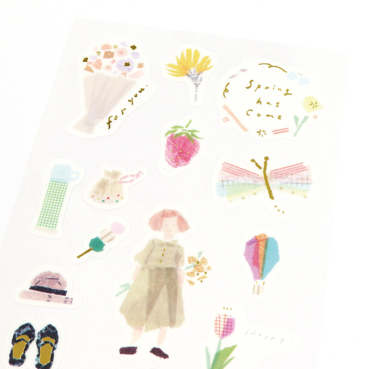 Close-up of SAIEN × Miki Tamura Spring Masking Stickers showing delicate spring illustrations and gold foil accents