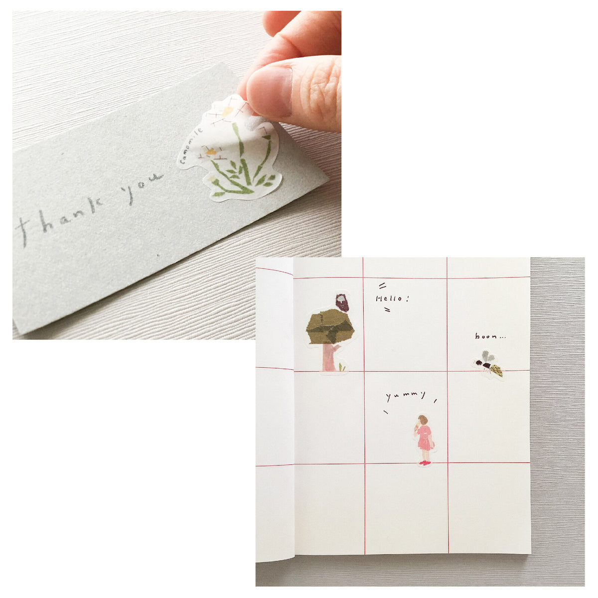 SAIEN Miki Tamura masking stickers shown in use on notes, cards and journal pages